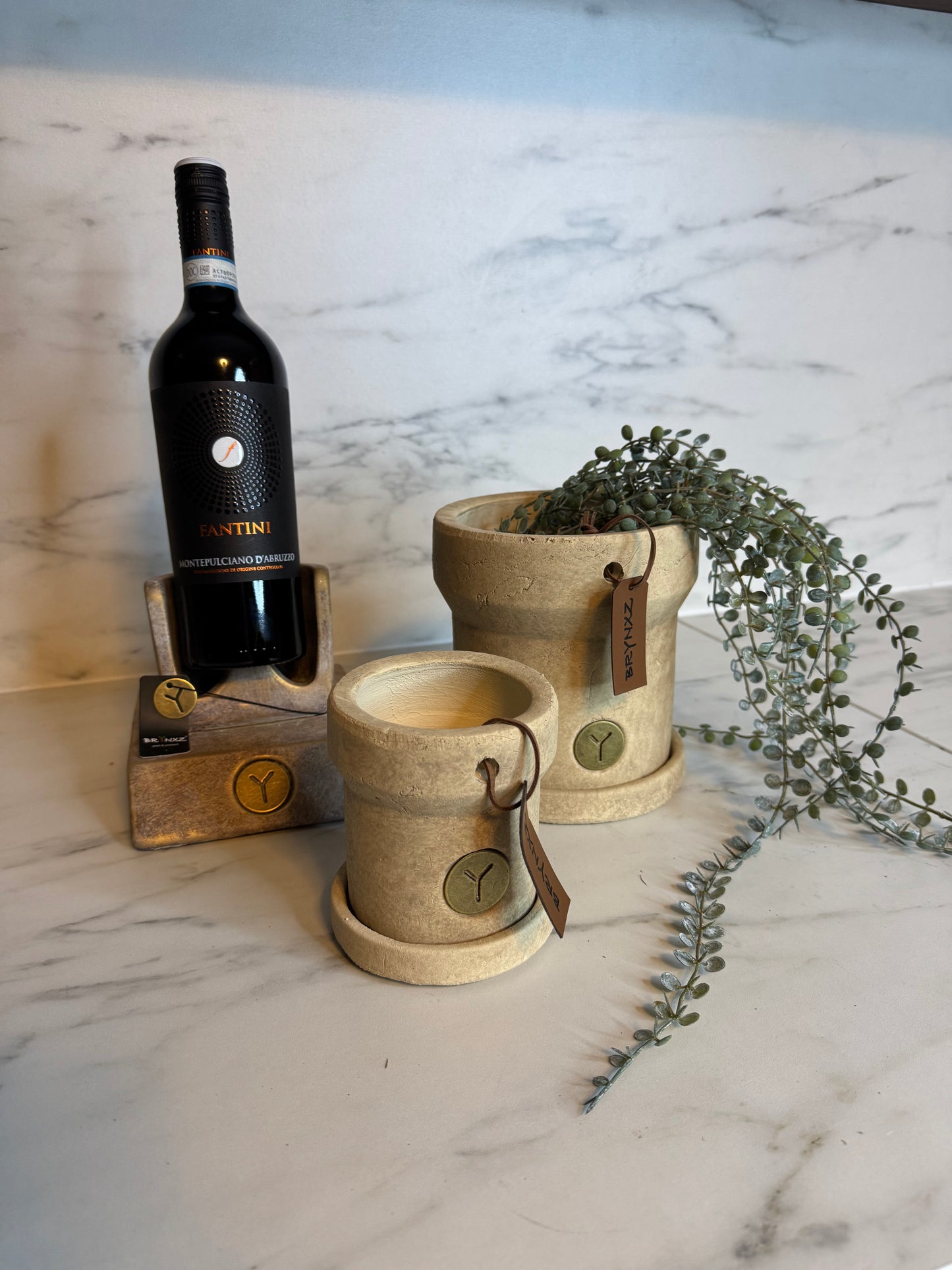 Bloempotten met leren label beige