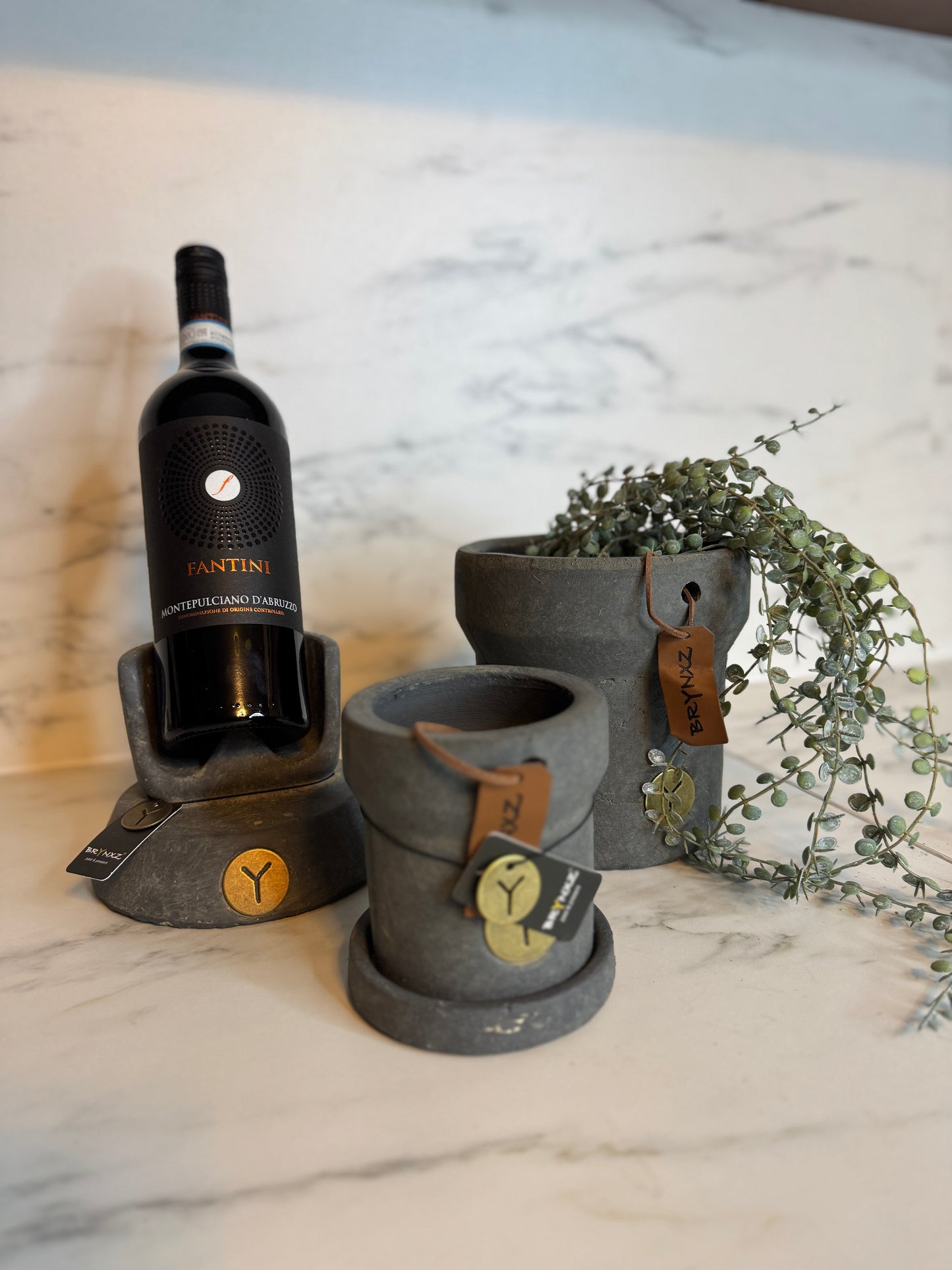 Bloempotten met leren label grijs